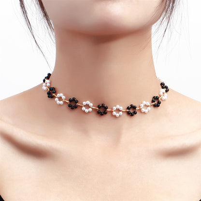 Pearl and Black Resin 18K Gold-Plated Flower Station Necklace, gold pendant necklace for women, front view