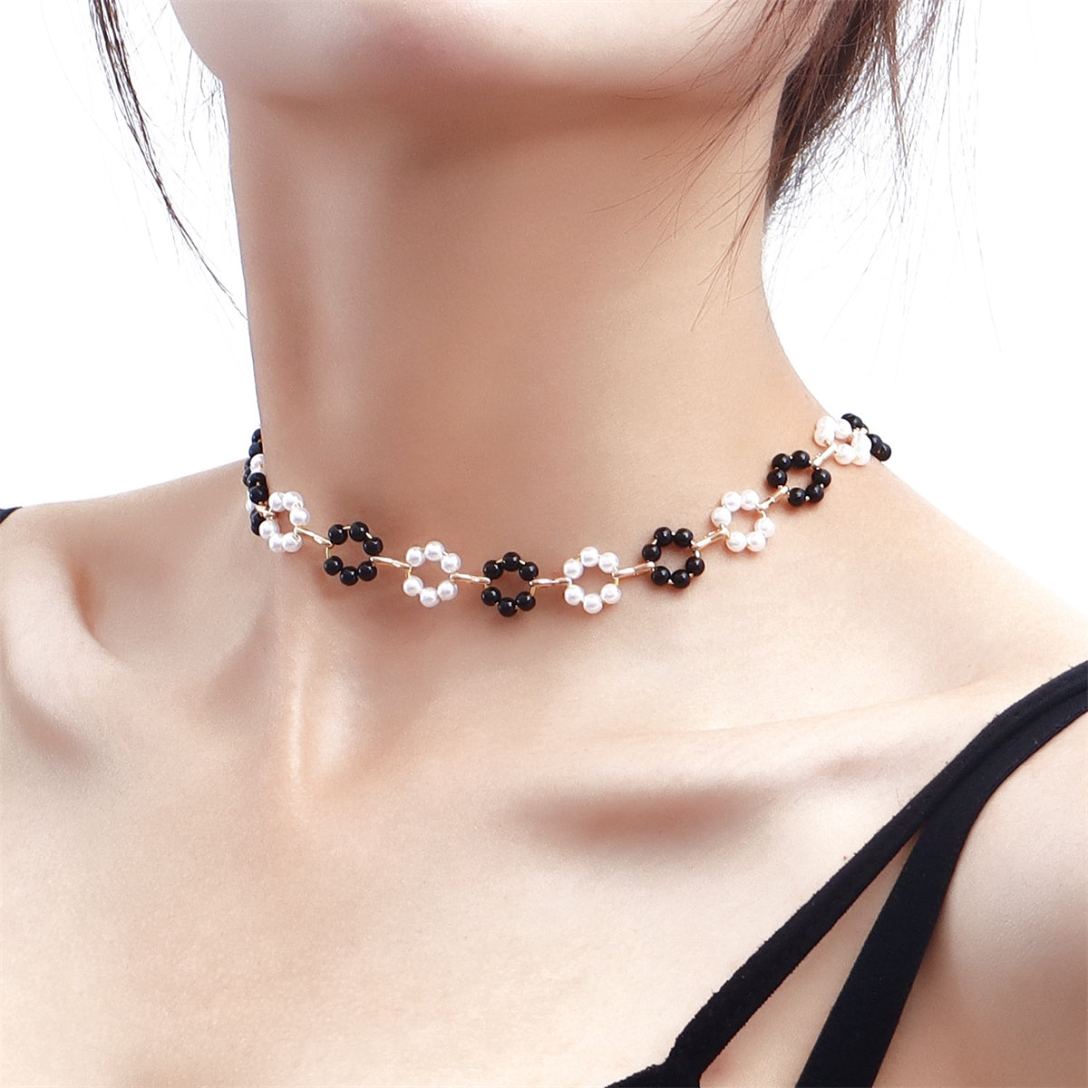 Pearl and Black Resin 18K Gold-Plated Flower Station Necklace, gold pendant necklace for women, botanical inspired, side view