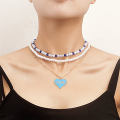 Blue Enamel & Pearl 18K Gold-Plated Heart Pendant Necklace Set