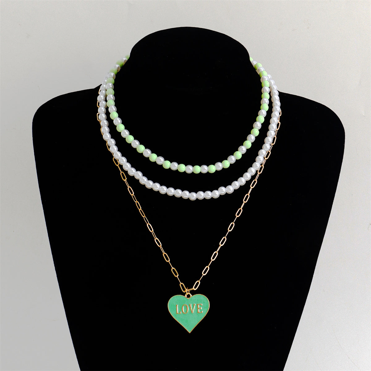 Green Enamel & Pearl 18K Gold-Plated Heart Pendant Necklace Set