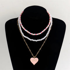 Pink Enamel & Quartz Pearl Heart Pendant Necklace Set