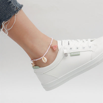 Pink Polyster and Howlite Pearl Shell Charm Anklet, anklet bracelet, vintage-inspired design, front view