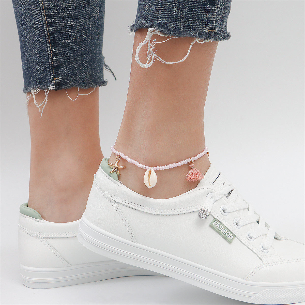 Pink Polyster and Howlite Pearl Shell Charm Anklet, anklet bracelet, vintage-inspired design, side view