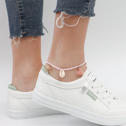 Pink Polyster and Howlite Pearl Shell Charm Anklet, anklet bracelet, vintage-inspired design, side view