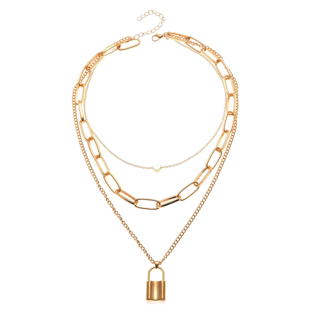 18K Gold-Plated Lock Layered Pendant Necklace, gold pendant necklace for women, botanical inspired, side view