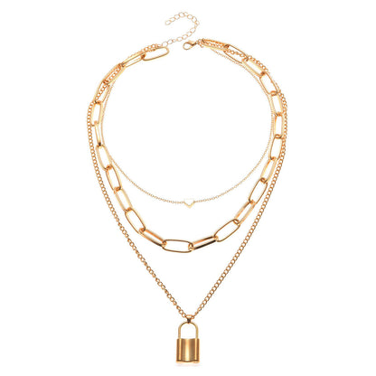 18K Gold-Plated Lock Layered Pendant Necklace, gold pendant necklace for women, botanical inspired, side view