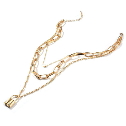 18K Gold-Plated Lock Layered Pendant Necklace, gold pendant necklace for women, botanical inspired, detail close-up