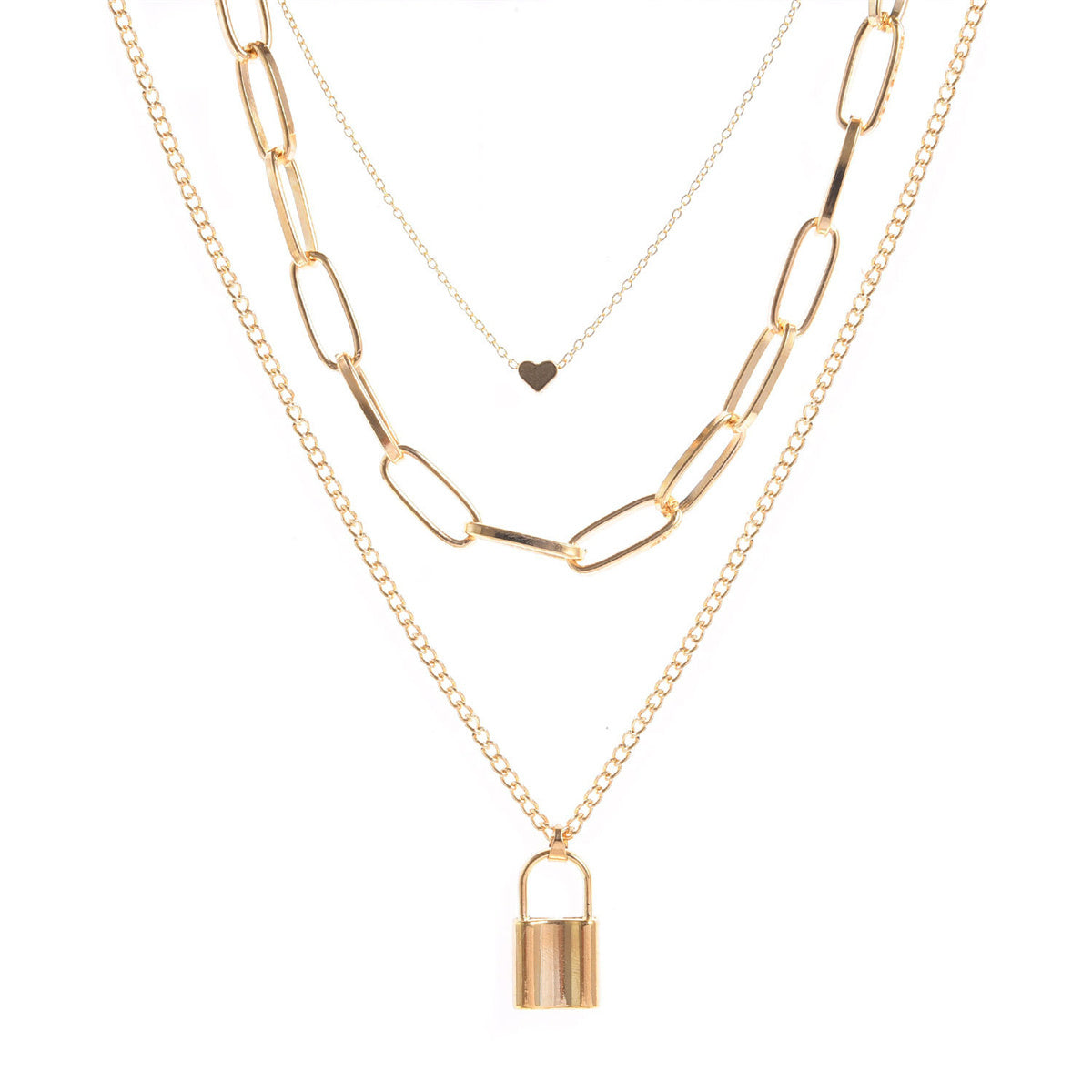 18K Gold-Plated Lock Layered Pendant Necklace, gold pendant necklace for women, botanical inspired, front view