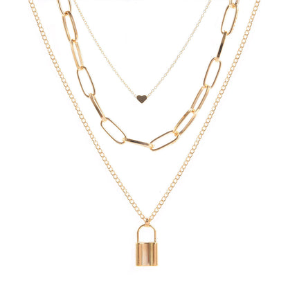 18K Gold-Plated Lock Layered Pendant Necklace, gold pendant necklace for women, botanical inspired, front view