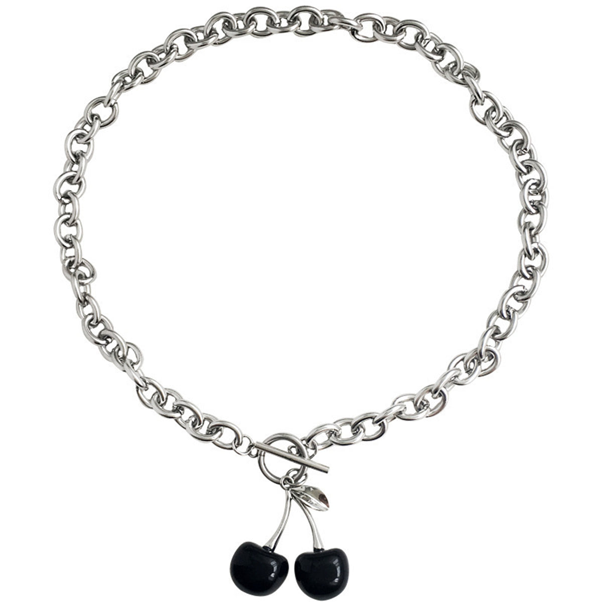 Black and Silver-Plated Cherry Pendant Necklace, silver pendant necklace for women, dainty minimalist design, front view
