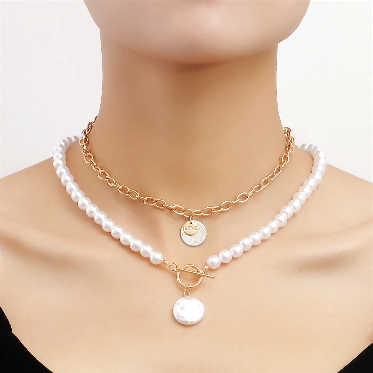 Pearl and Two-Tone Coin Pendant Necklace Set, jewelry gift sets for women, elegant gift for her, front view