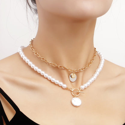 Pearl and Two-Tone Coin Pendant Necklace Set, jewelry gift sets for women, elegant gift for her, side view