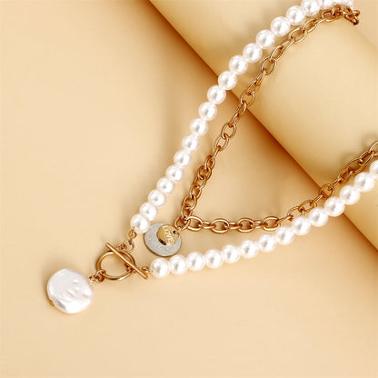 Pearl and Two-Tone Coin Pendant Necklace Set, jewelry gift sets for women, elegant gift for her, lifestyle look