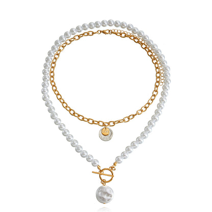 Pearl and Two-Tone Coin Pendant Necklace Set, jewelry gift sets for women, elegant gift for her, styled look