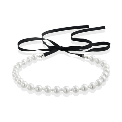 Pearl and Polyster Bow Choker Necklace, pendant necklace for women, vintage-inspired design, styled look