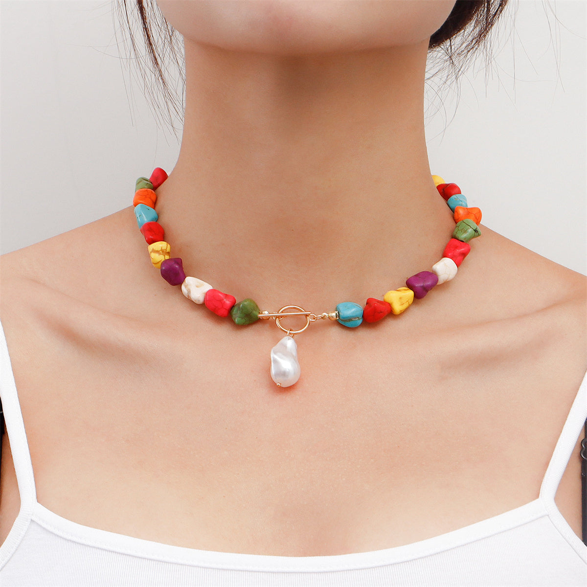 Turquoise and Pearl 18K Gold-Plated Toggle Pendant Necklace, gold pendant necklace for women, botanical inspired, front view