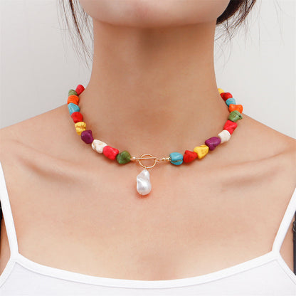 Turquoise and Pearl 18K Gold-Plated Toggle Pendant Necklace, gold pendant necklace for women, botanical inspired, front view