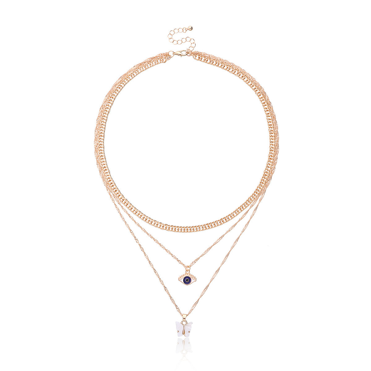 White Acrylic and 18K Gold-Plated Butterfly and Eye Layered Pendant Necklace, gold pendant necklace for..., detail close-up