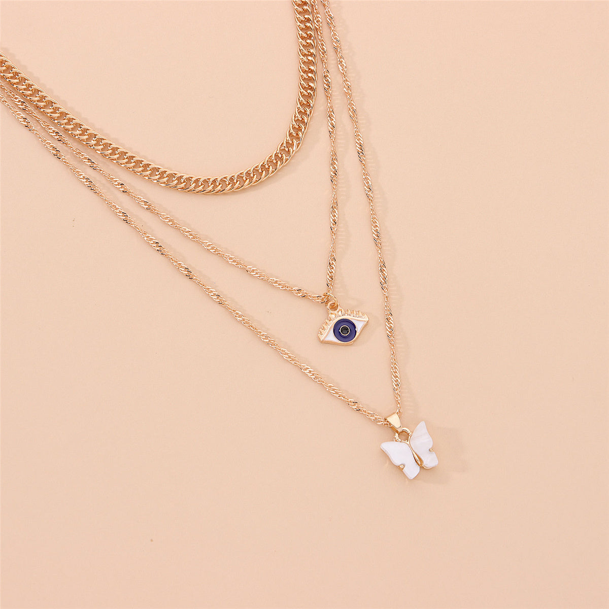 White Acrylic and 18K Gold-Plated Butterfly and Eye Layered Pendant Necklace, gold pendant necklace for women, lifestyle look