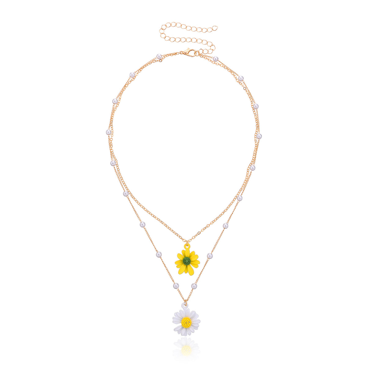 Yellow Enamel and Pearl 18K Gold-Plated Mum Layered Pendant Necklace, gold pendant necklace for women, side view
