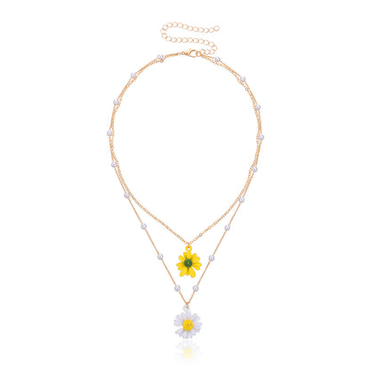 Yellow Enamel and Pearl 18K Gold-Plated Mum Layered Pendant Necklace, gold pendant necklace for women, side view