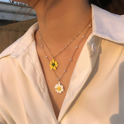 Yellow Enamel and Pearl 18K Gold-Plated Mum Layered Pendant Necklace, gold pendant necklace for women, front view