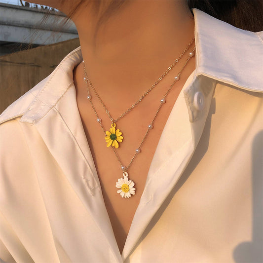Yellow Enamel and Pearl 18K Gold-Plated Mum Layered Pendant Necklace, gold pendant necklace for women, front view
