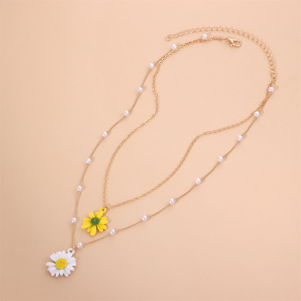 Yellow Enamel and Pearl 18K Gold-Plated Mum Layered Pendant Necklace, gold pendant necklace for women, detail close-up