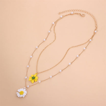 Yellow Enamel and Pearl 18K Gold-Plated Mum Layered Pendant Necklace, gold pendant necklace for women, detail close-up
