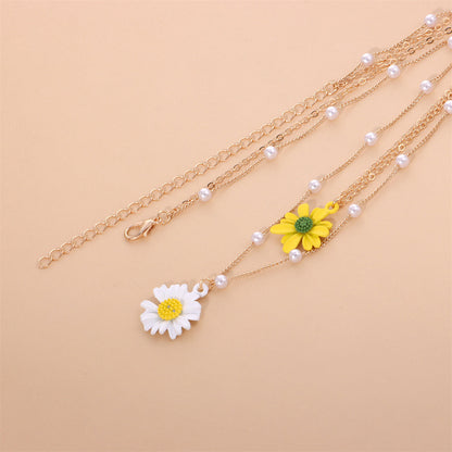 Yellow Enamel and Pearl 18K Gold-Plated Mum Layered Pendant Necklace, gold pendant necklace for women, lifestyle look