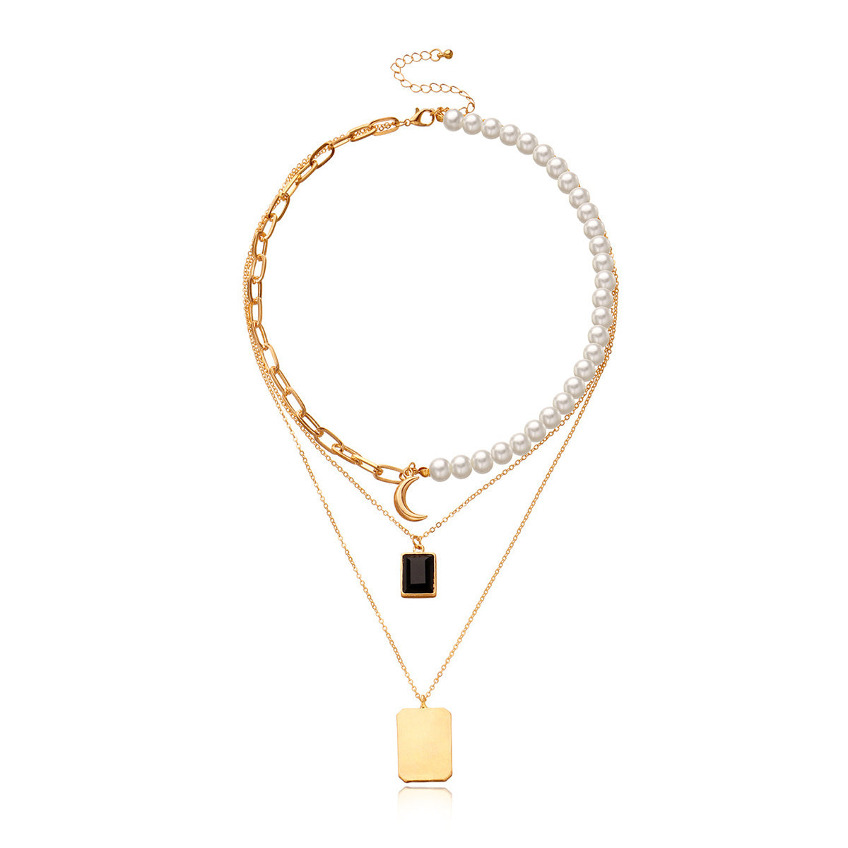 Pearl & Crystal 18K Gold-Plated Rectangle Layered Pendant Necklace