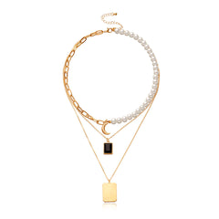 Pearl & Crystal 18K Gold-Plated Rectangle Layered Pendant Necklace