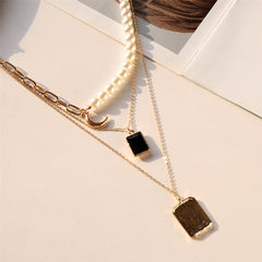 Pearl & Crystal 18K Gold-Plated Rectangle Layered Pendant Necklace