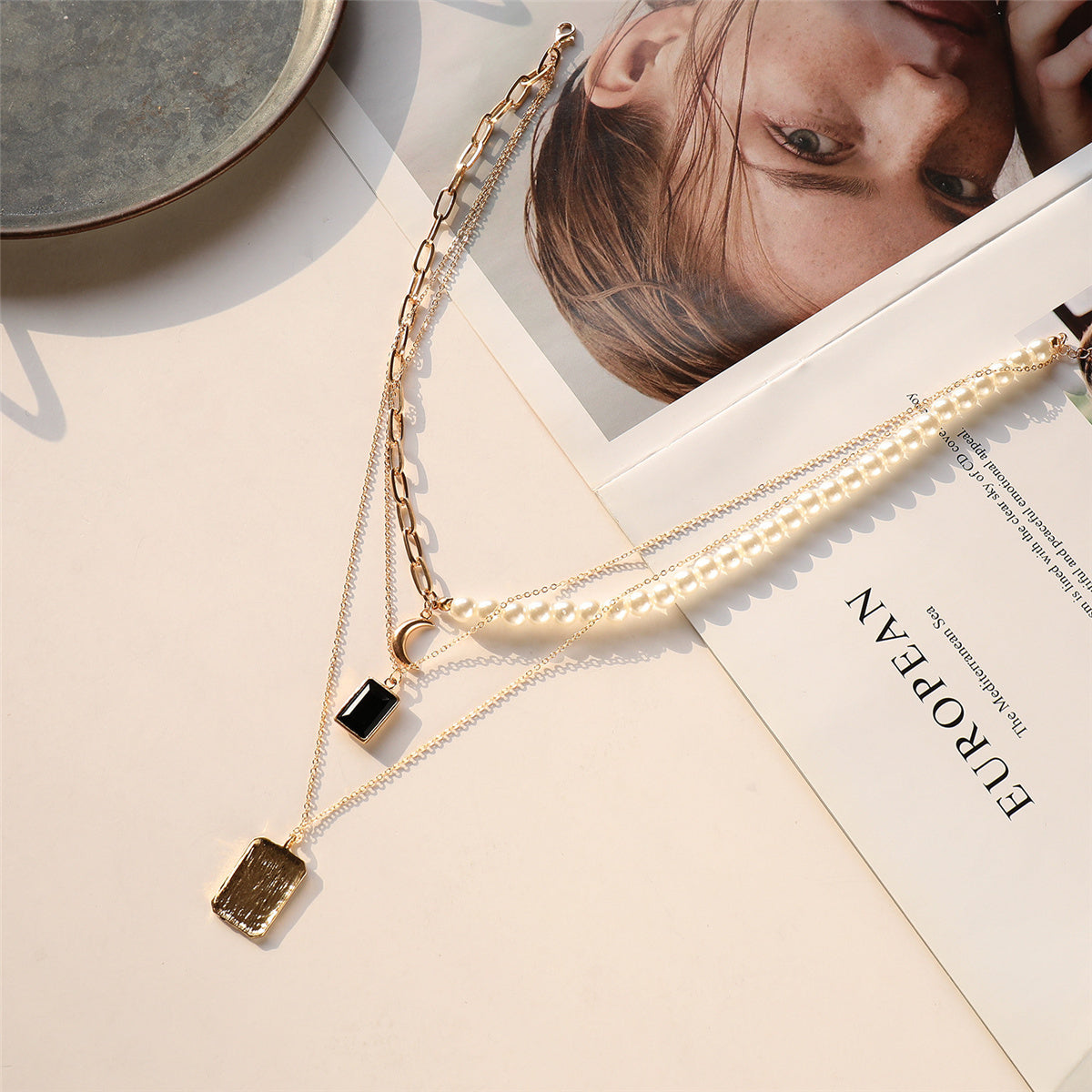 Pearl & Crystal 18K Gold-Plated Rectangle Layered Pendant Necklace