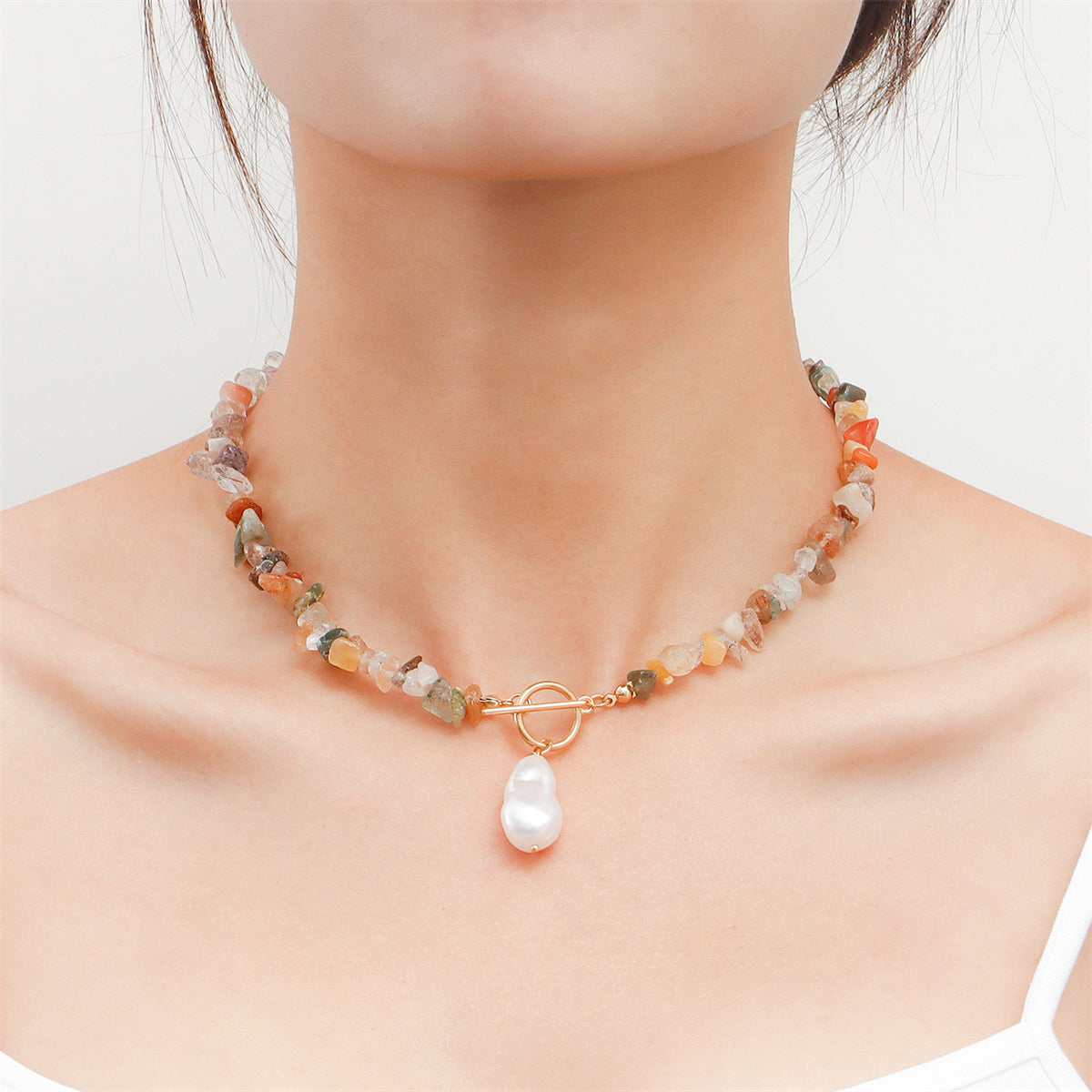 Pearl and Vibrant Irregular Resin Beaded Toggle Pendant Necklace, chunky choker necklace, front view