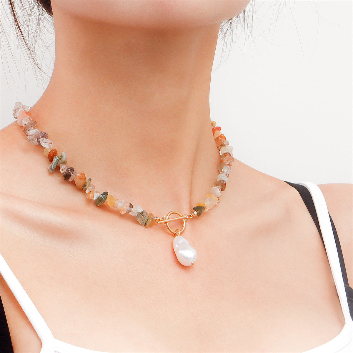 Pearl and Vibrant Irregular Resin Beaded Toggle Pendant Necklace, chunky choker necklace, detail close-up