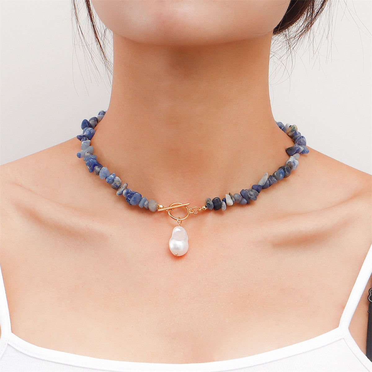 Pearl and Dark Blue Irregular Resin 18K Gold-Plated Drop Pendant Necklace, chunky gold choker necklace, front view