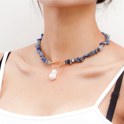 Pearl and Dark Blue Irregular Resin 18K Gold-Plated Drop Pendant Necklace, chunky gold choker necklace, side view