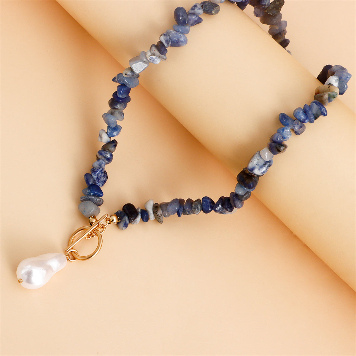 Pearl and Dark Blue Irregular Resin 18K Gold-Plated Drop Pendant Necklace, chunky gold choker necklace, lifestyle look