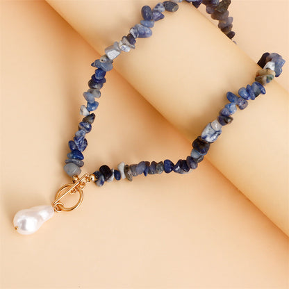 Pearl and Dark Blue Irregular Resin 18K Gold-Plated Drop Pendant Necklace, chunky gold choker necklace, lifestyle look