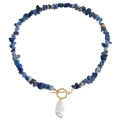 Pearl and Dark Blue Irregular Resin 18K Gold-Plated Drop Pendant Necklace, chunky gold choker necklace, styled look