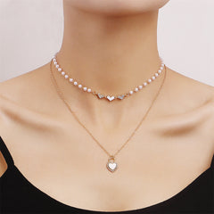 Shell & Cubic Zirconia Heart Pendant Layered Necklace