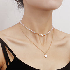 Shell & Cubic Zirconia Heart Pendant Layered Necklace