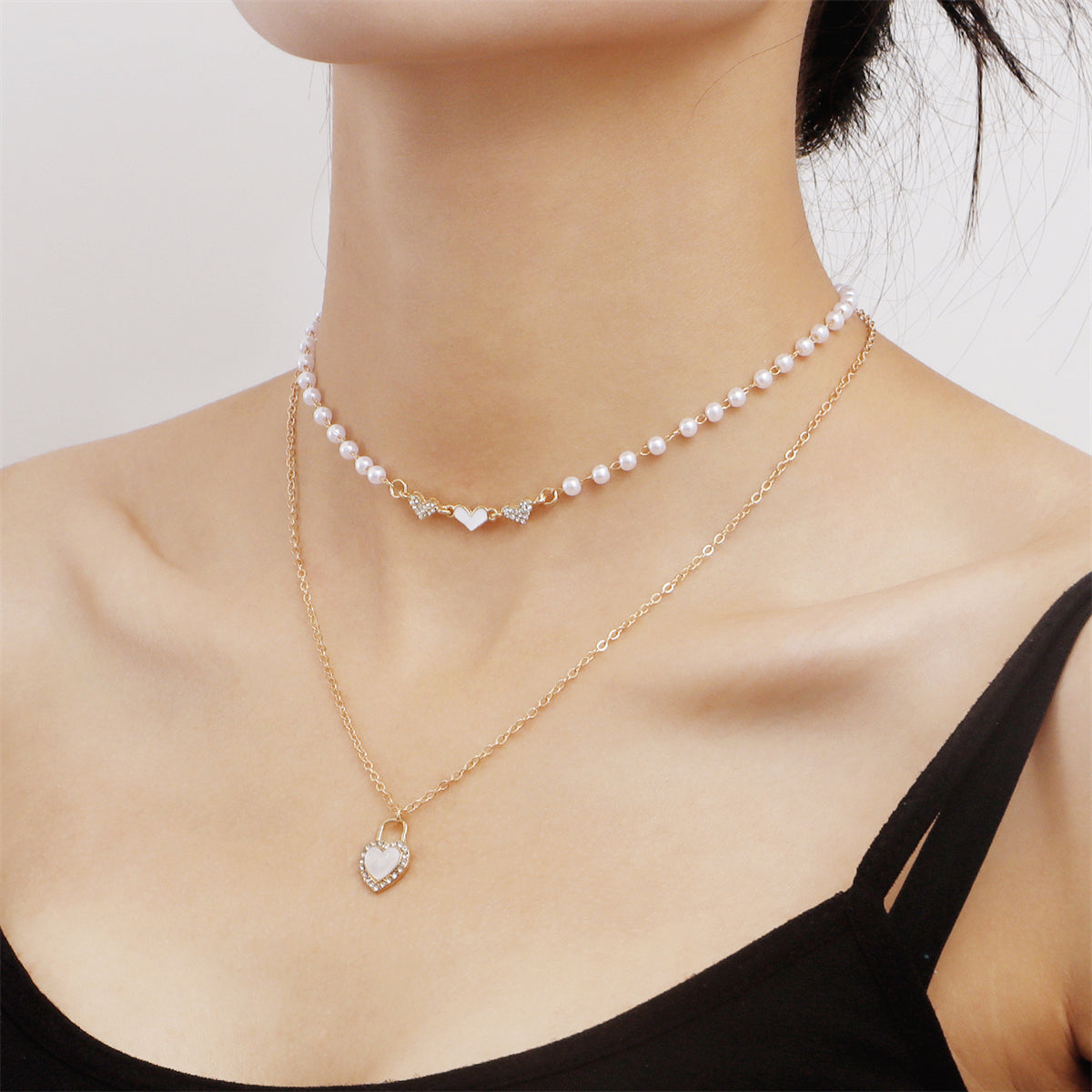Shell & Cubic Zirconia Heart Pendant Layered Necklace