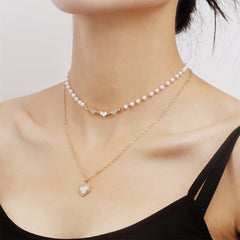 Shell & Cubic Zirconia Heart Pendant Layered Necklace