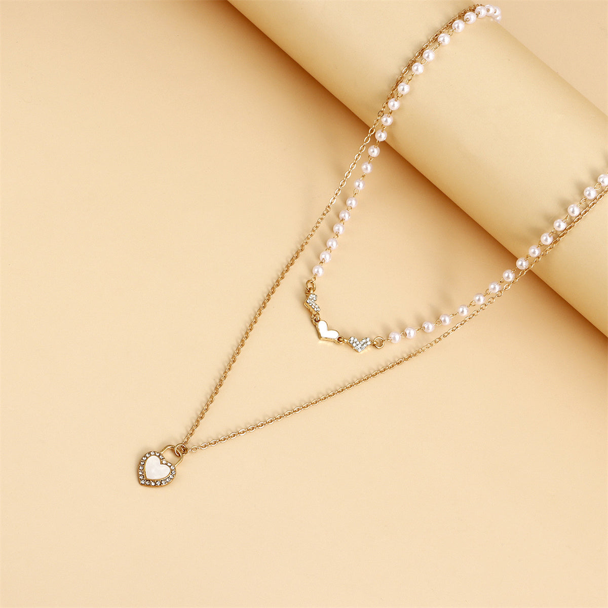 Shell & Cubic Zirconia Heart Pendant Layered Necklace