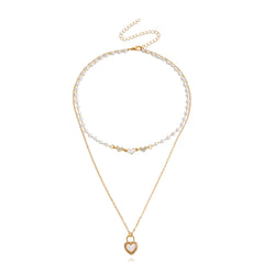 Shell & Cubic Zirconia Heart Pendant Layered Necklace