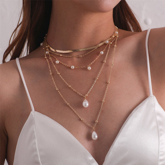 Pearl and 18K Gold-Plated Snake Chain Layered Pendant Necklace, gold pendant necklace for women, front view