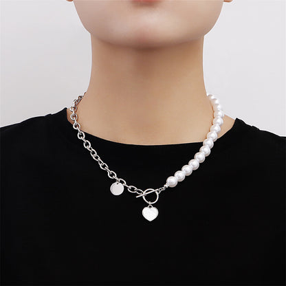 Pearl and White Shell Silver-Plated Asymmetrical Heart Toggle Pendant Necklace, silver pendant necklace for women, front view