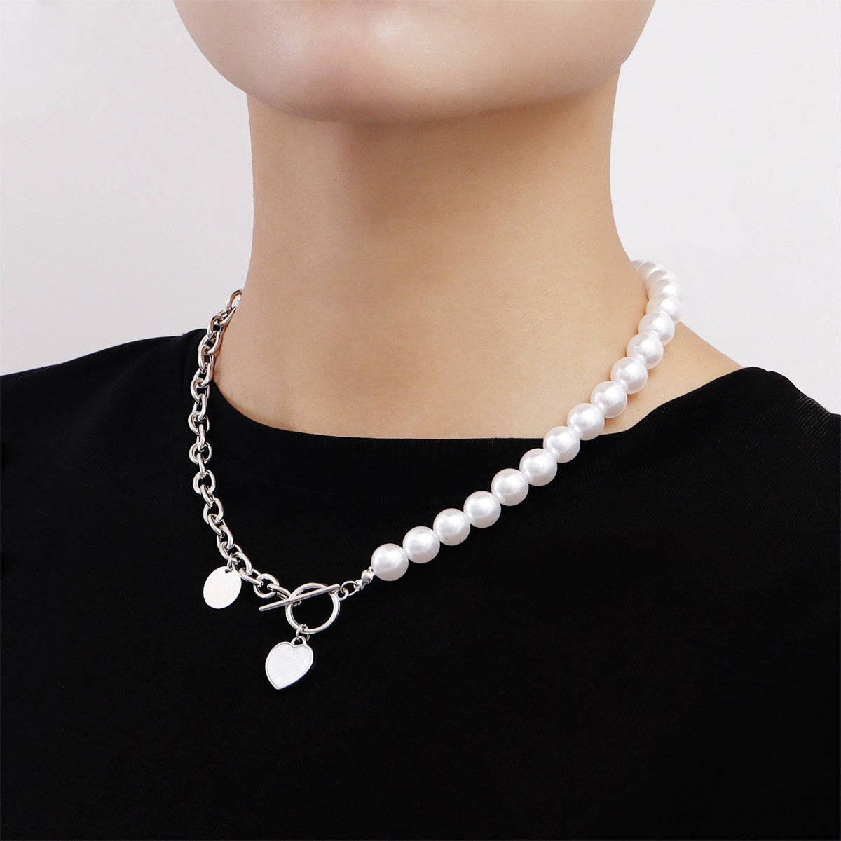 Pearl and White Shell Silver-Plated Asymmetrical Heart Toggle Pendant Necklace, silver pendant necklace for women, side view